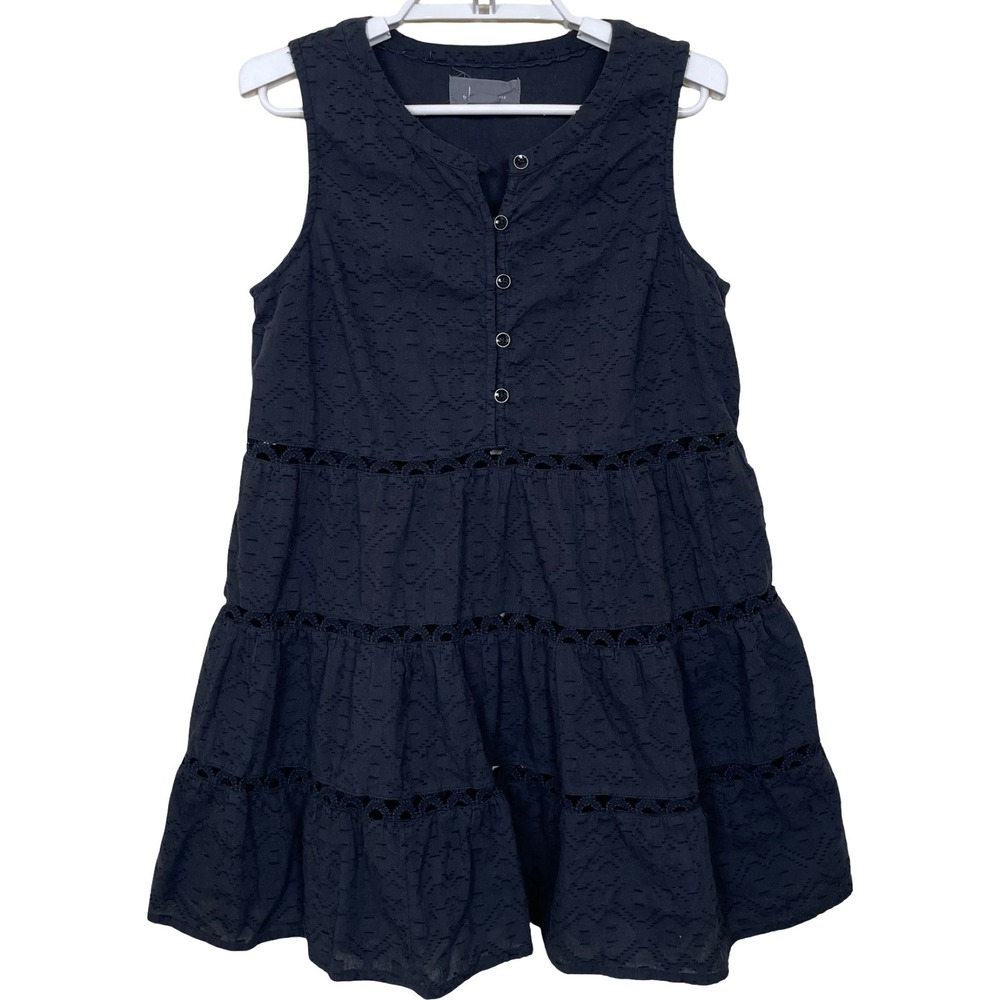 Anthropologie Ismene Eyelet Tiered Mini Dress XS Black Sleeveless Boho Ruffle